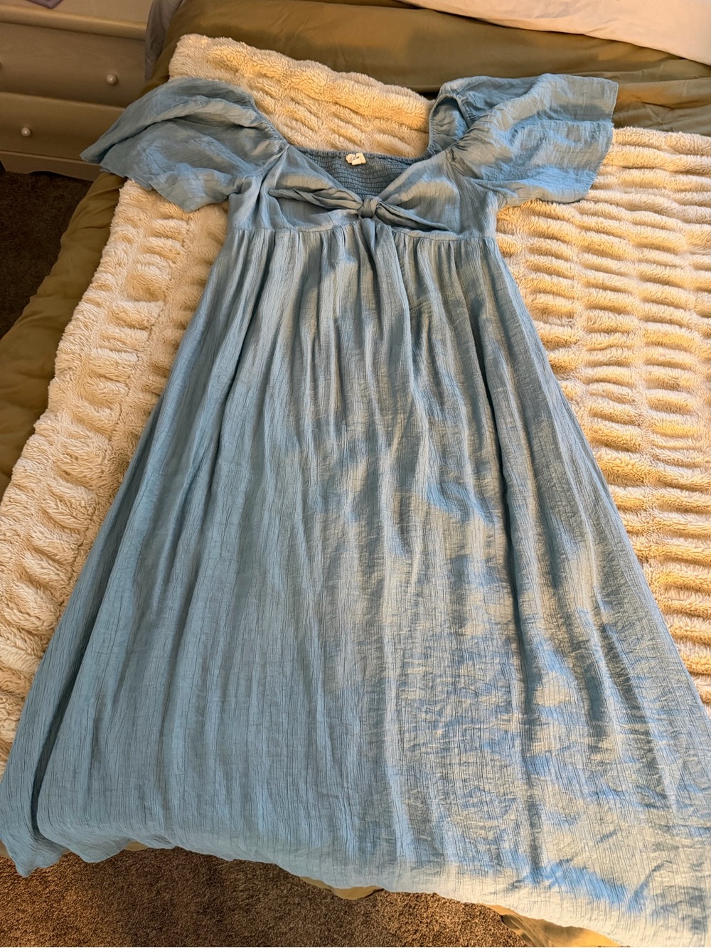 Boho Light Blue Maxi Dress with Tie-Front and Flutter Sleeves